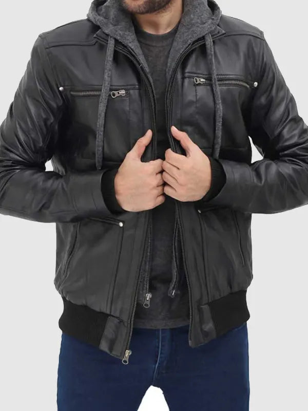 Hooded Style Bomber Real Leather Jacket For Men's