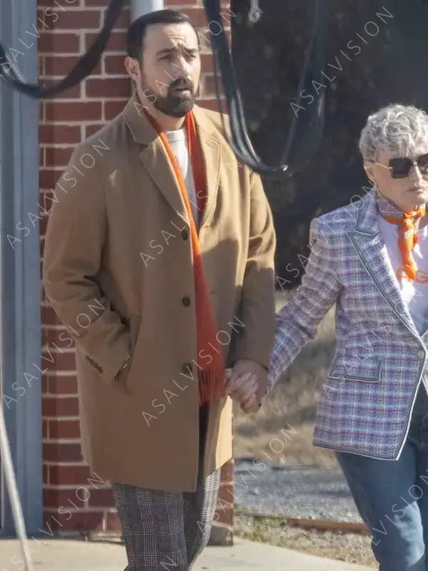Jamie Demetriou Movie Back in Action 2024 Light Brown Trench Coat