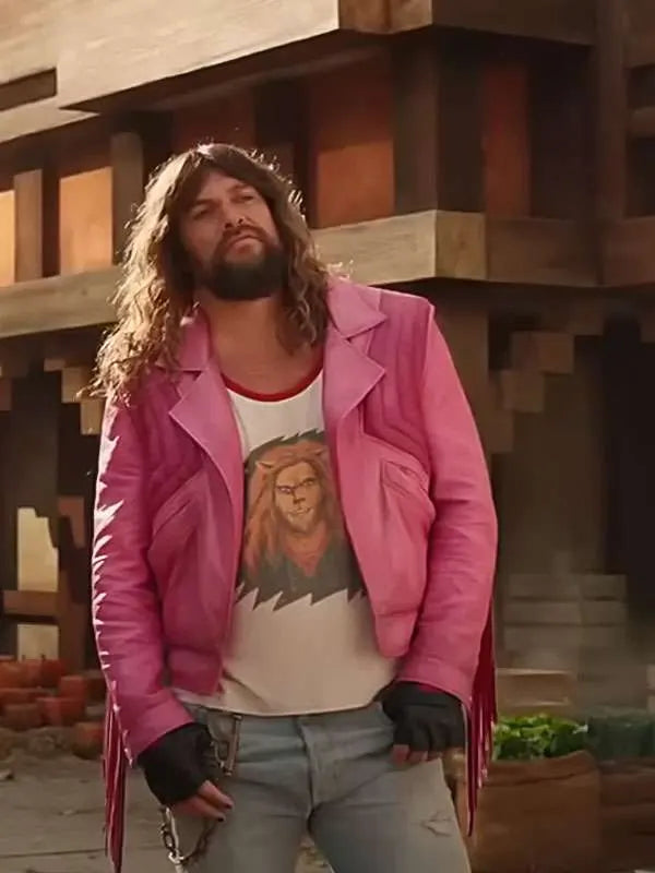 Jason Momoa Garret Garrison A Minecraft Movie Pink Fringe Leather Jacket