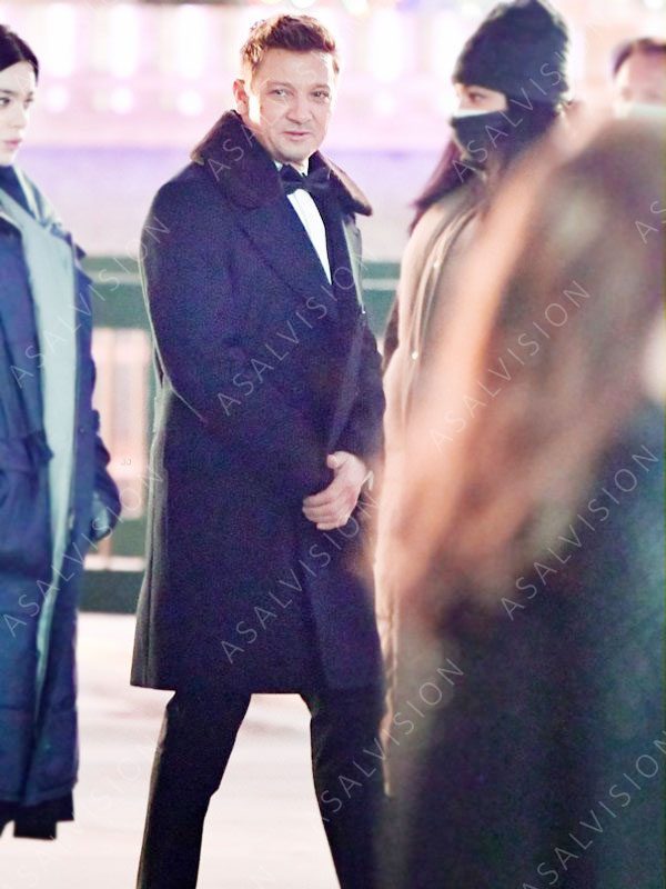 Jeremy Renner Black Trench Wool Coat