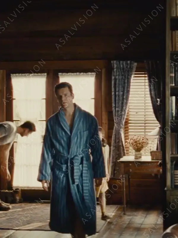 Knock at the Cabin Jonathan Groff Blue Striped Bathrobe