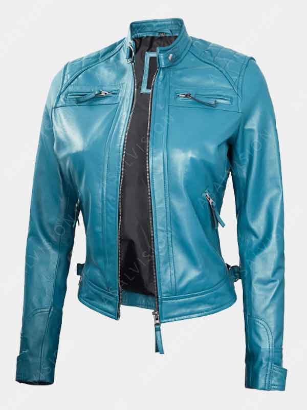 Ladies Slimfit Sky Blue Cafe Racer Leather Jacket