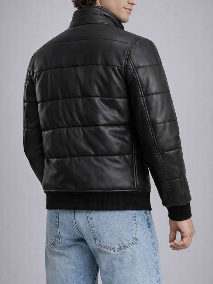 Knoxen Black Puffer Bomber Leather Jacket