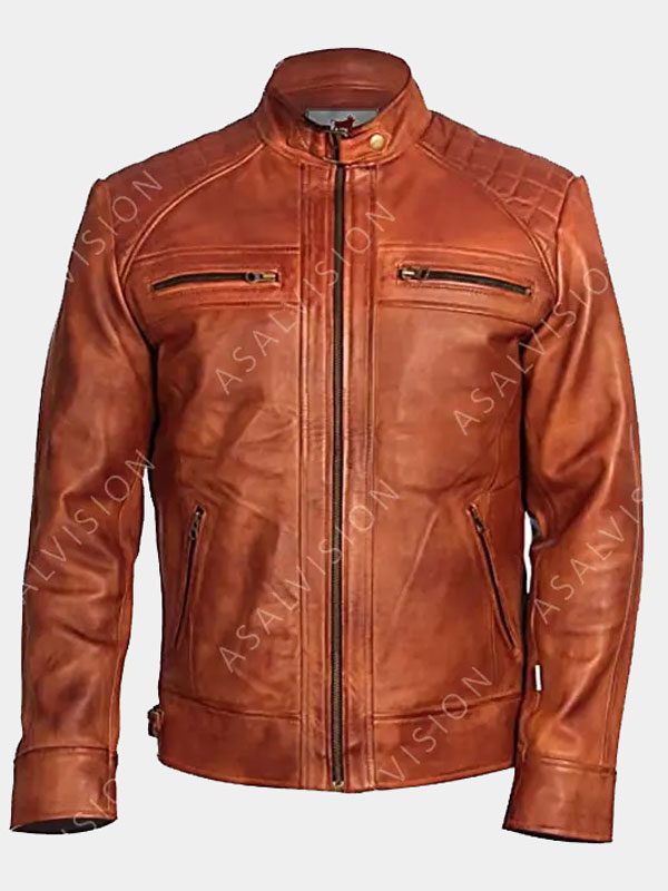 Lennox Quilted Brown Leather Fashion Biker Jacket Mens
