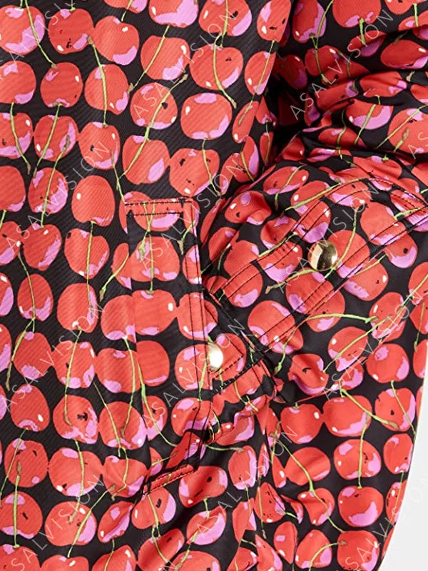 Lily Collins Cherry Printed Hooded Jacket