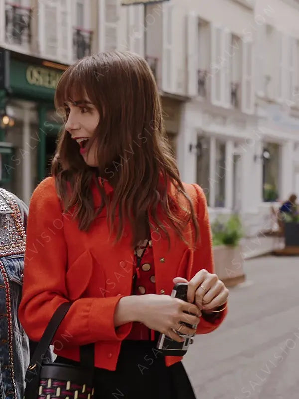 Lily Collins Cropped Orange Jacket