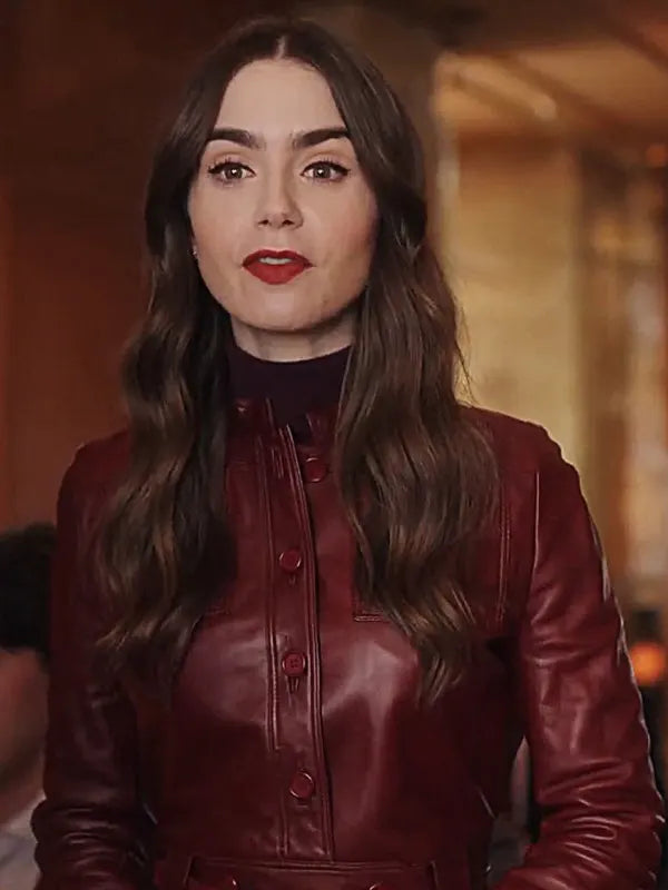 Lily Collins Maroon Leather Jacket