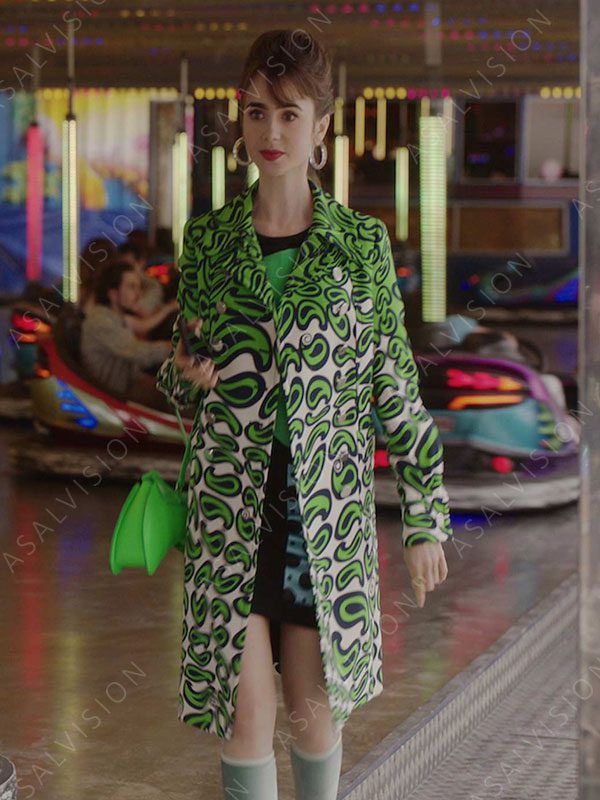 Lily Collins Printed Green Fleece Coat