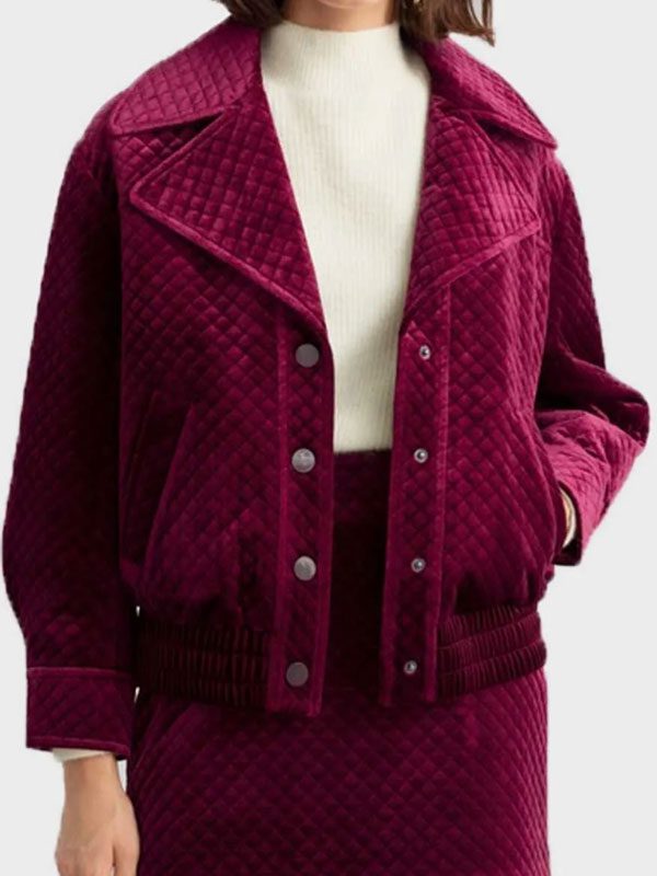 Lily Collins Tv Series Emily In Paris Emily Cooper Maroon Velvet Jacket