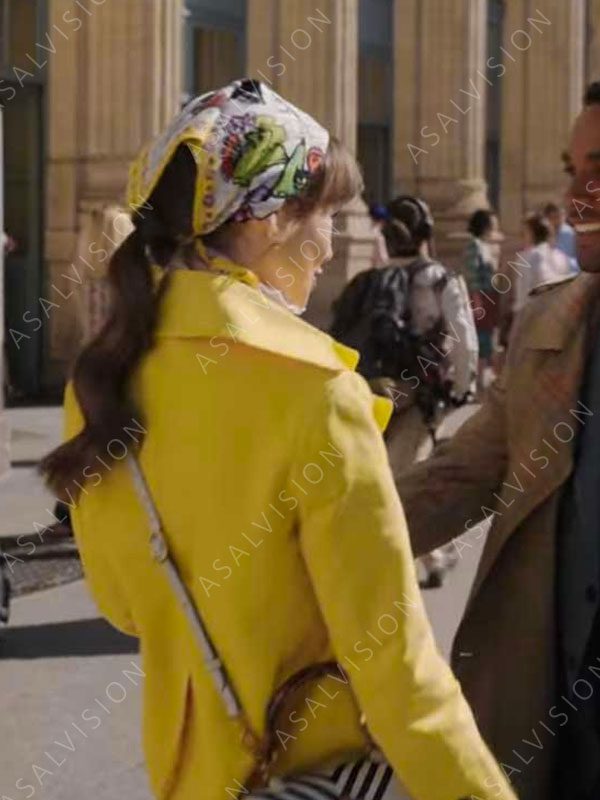 Lily Collins Yellow Double-Breasted Blazer Coat