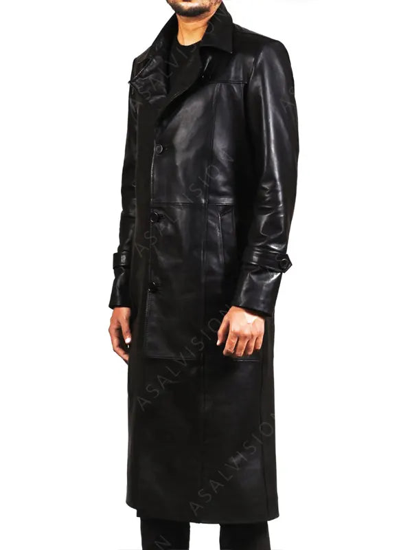 Long Black Leather Trench Coat