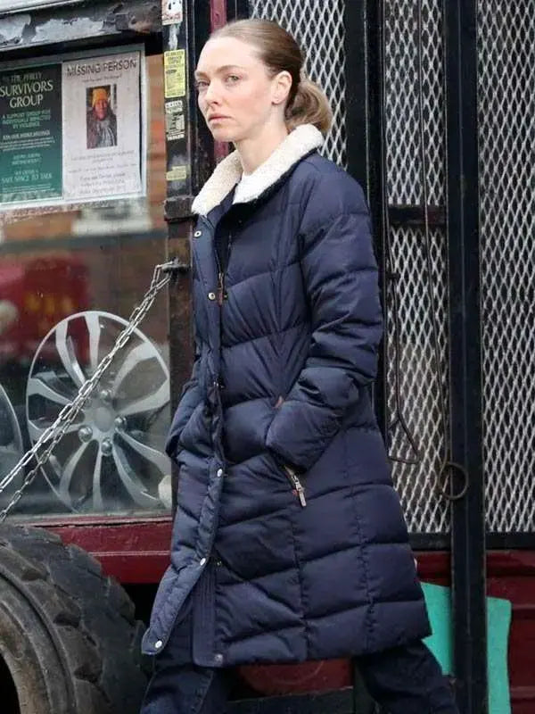 Long Bright River S01 Amanda Seyfried Blue Shearling Puffer Coat