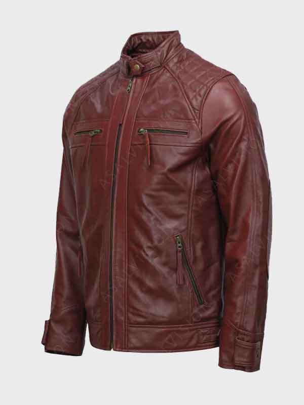 Maroon Cafe Racer Moto Quilted Leather Jacket