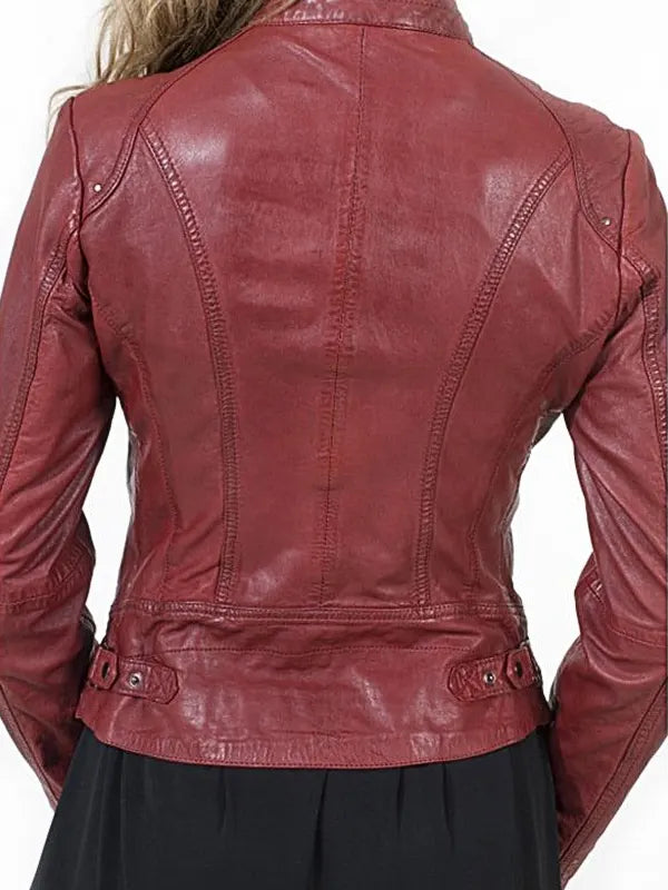 Maroon Real Zipper Four Pockets Leather Jacket For Women