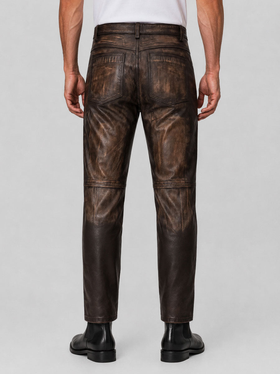 Men Distressed Dark Brown Leather Jeans