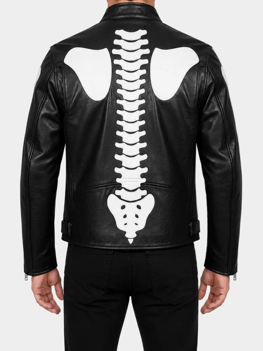 Mens Black Skeleton Real Leather Biker Jacket
