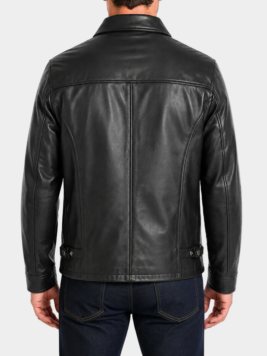 Mens Black Zipper Shirt Collar Leather Jacket