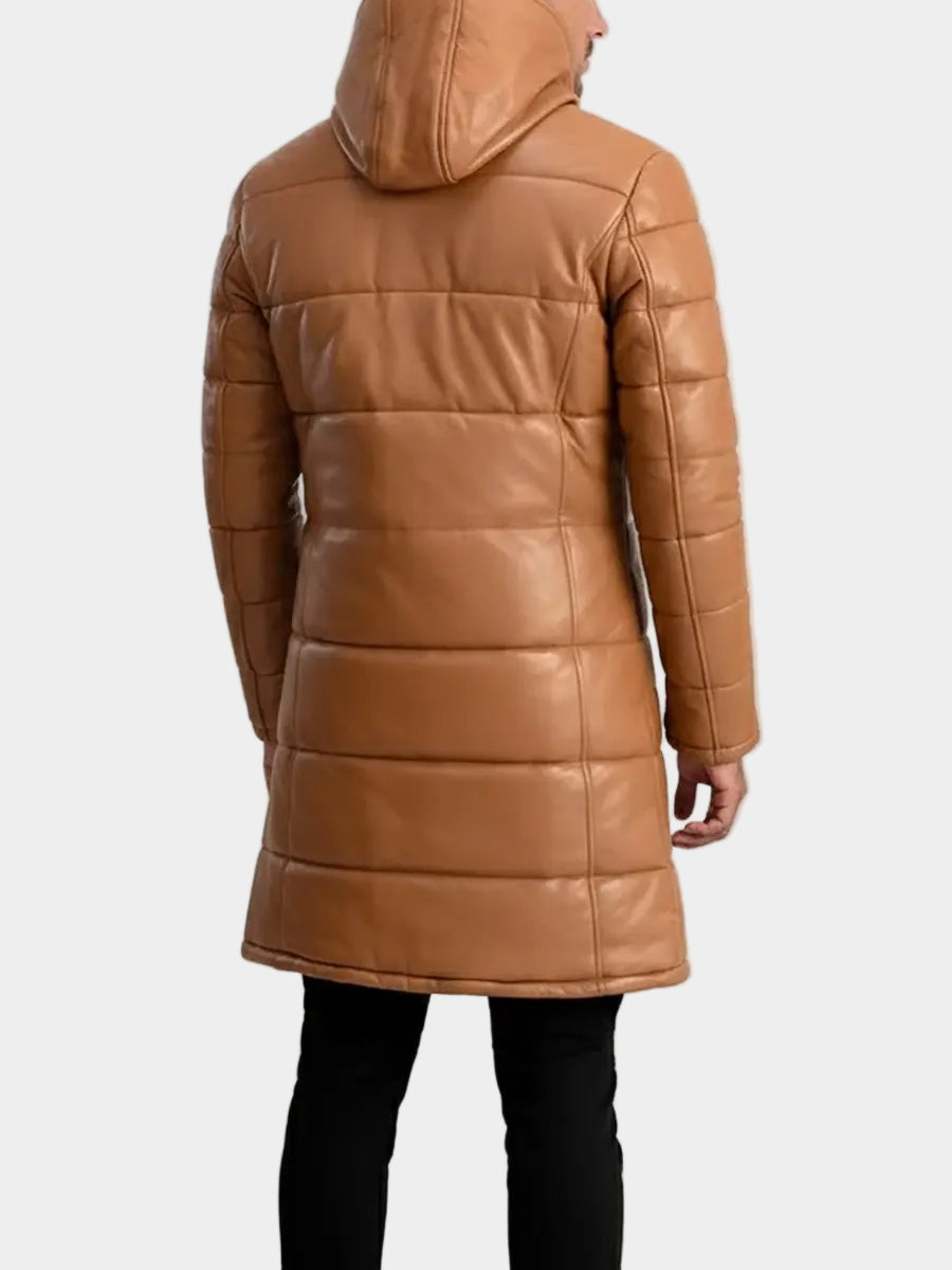 Mens Tan Puffer Leather Coat