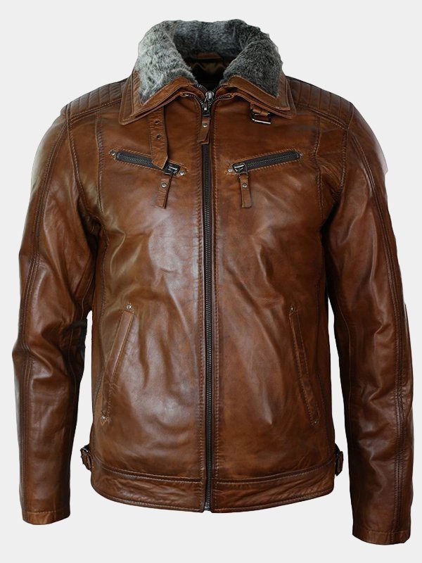 Mens Detachable Fur Collar Brown Leather Jacket