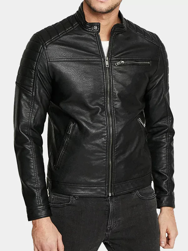 Men's Black Cafe Racer Moto Real Leather Jacket