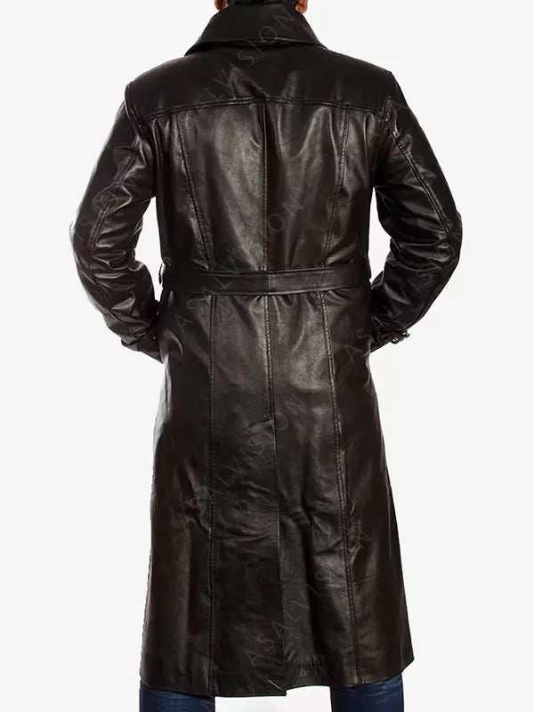 Men's Black Genuine Leather Trench Belted Coat