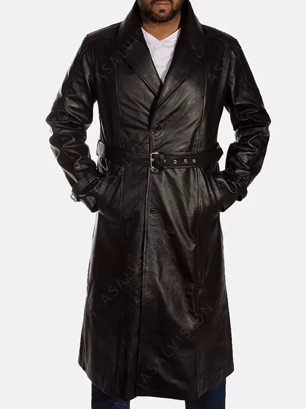 Men's Black Genuine Leather Trench Coat
