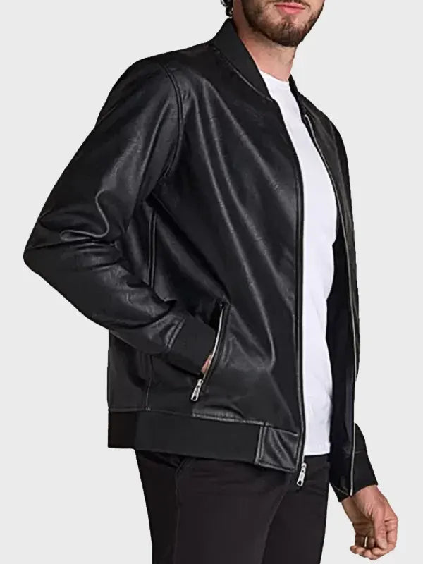 Mens Black Real Sheep Leather Bomber Jacket