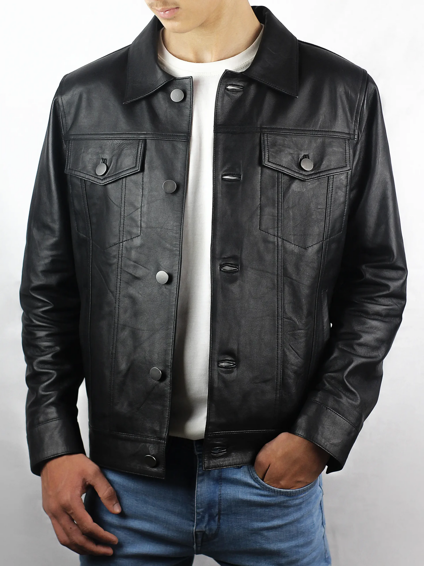 Men's Black Trucker Lambskin Leather Jacket