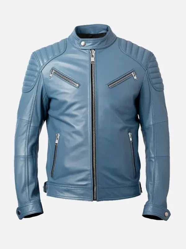 Men’s Blue Padded Shoulders Cafe Racer Leather Jacket