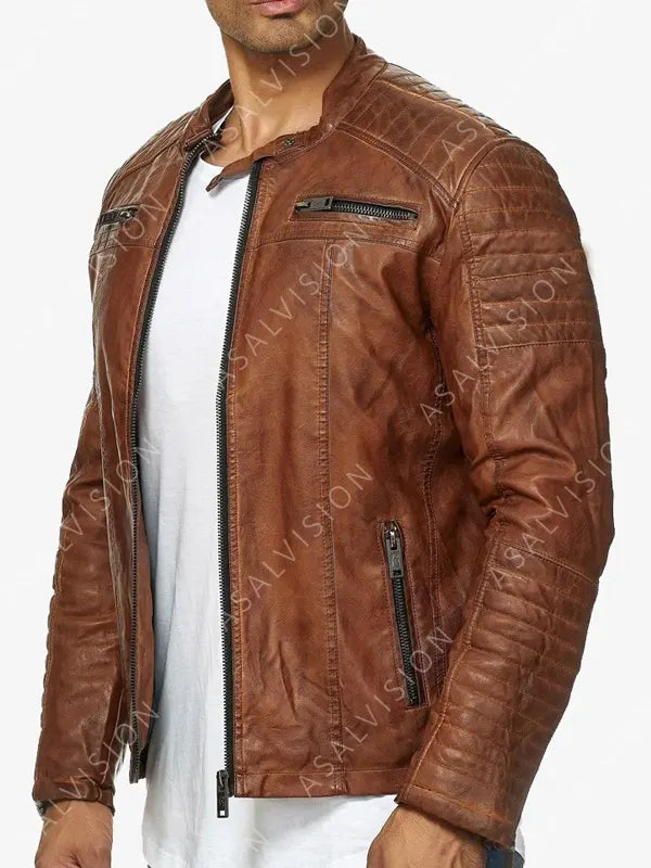Mens Brown Biker Cafe Racer Motorcycle Leather Fashion Jacket