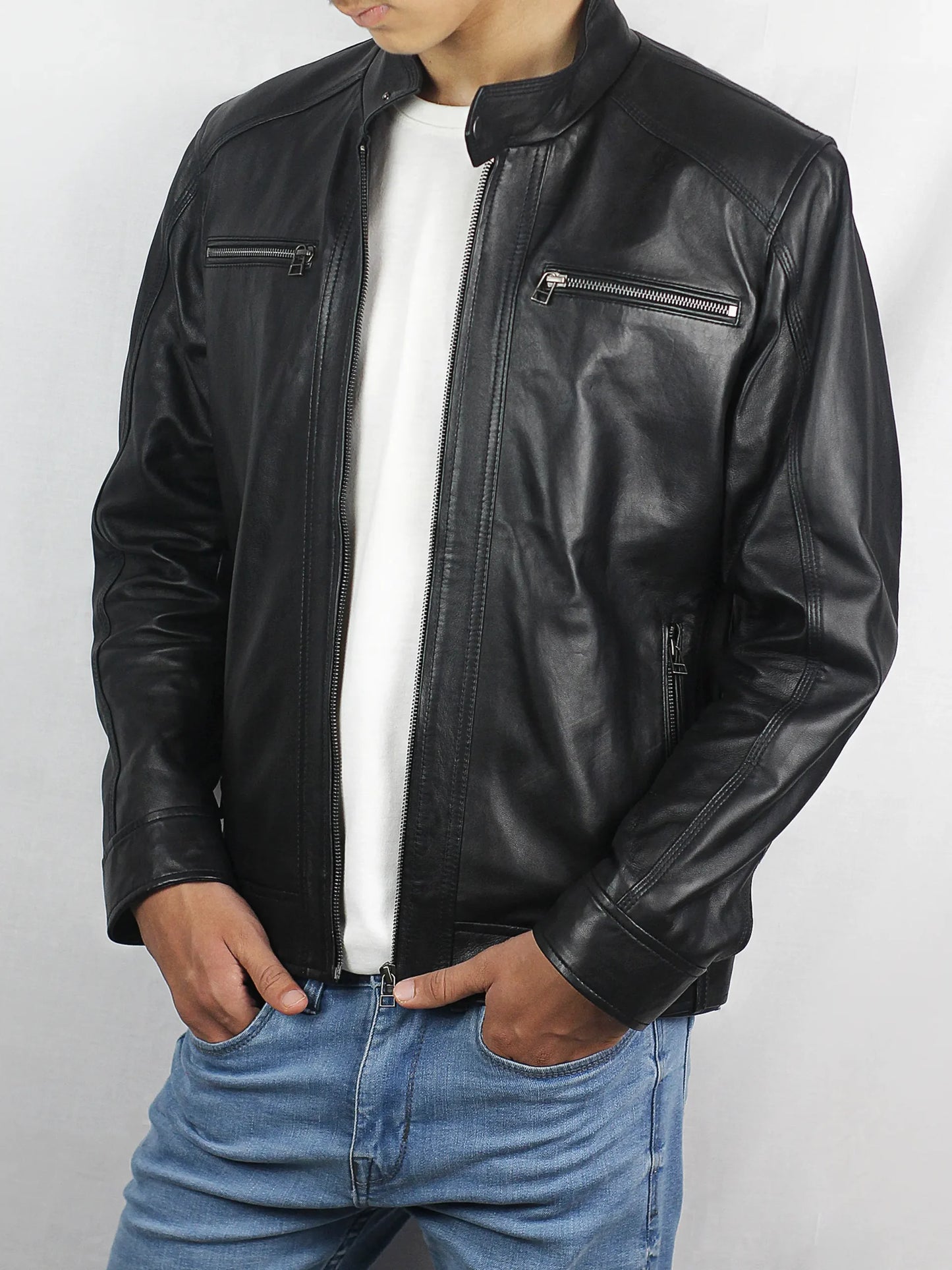 Men’s Cafe Racer Black Biker 100% Real Lambskin Leather Jacket