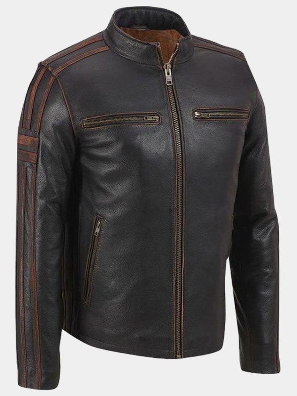 Mens Dark Brown Striped Cafe Racer Leather Jacket