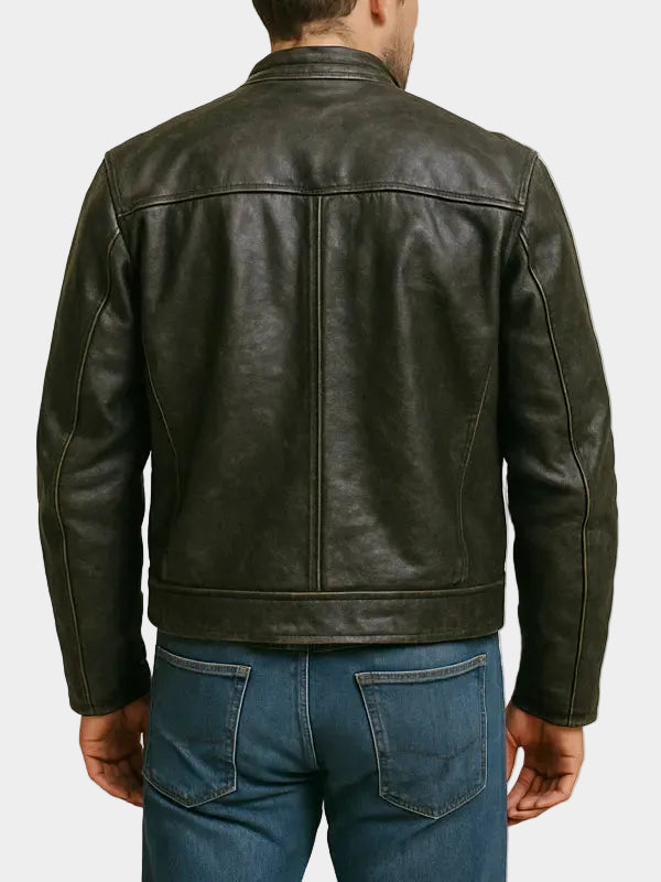 Men's Distressed Vintage Black Cafe Racer Lambskin Leather Jacket