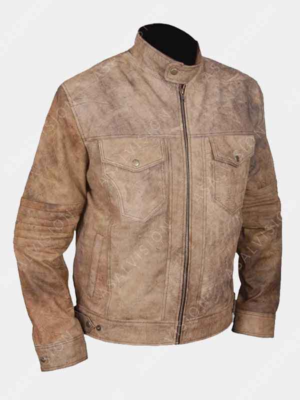 Mens Khaki Distressed Moto Leather Jacket