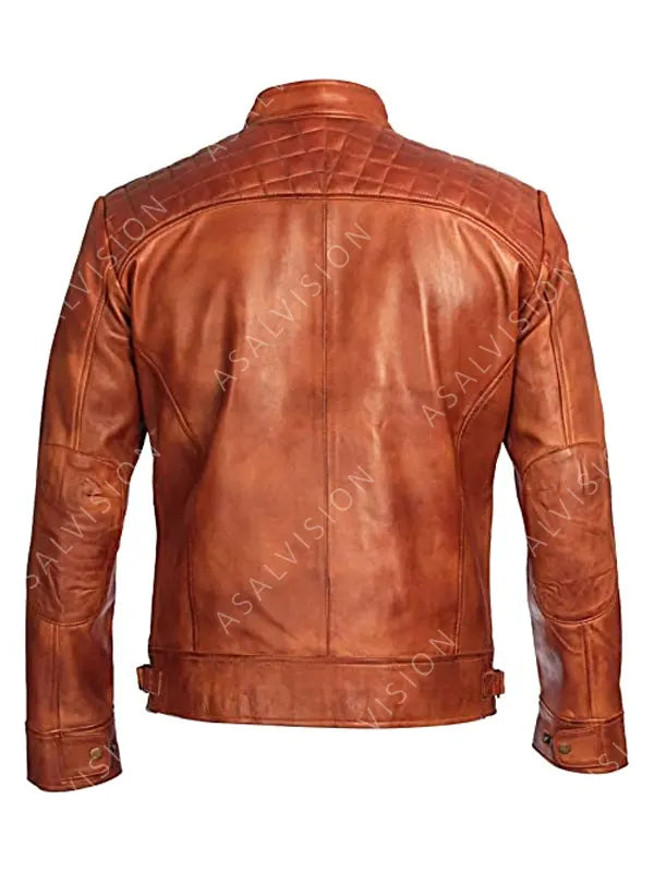 Mens Lennox Quilted Brown Fashion Leather Biker Cafe Racer Motorcycle Jacket