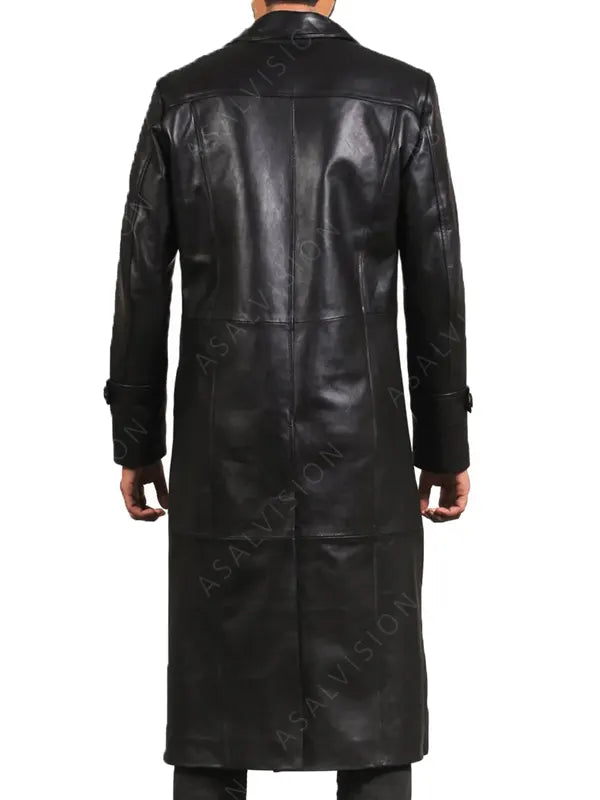 Men's Long Black Leather Trench Coat