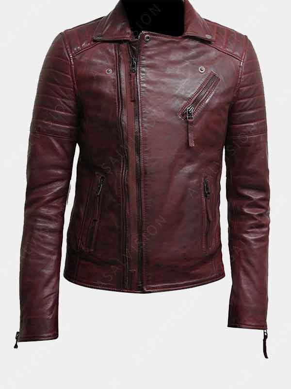 Mens Motorcycle Double Zip Burgundy Biker Leather Jacket