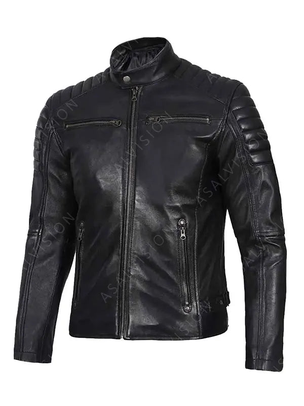 Mens Padded Black Cafe Racer Leather Jacket