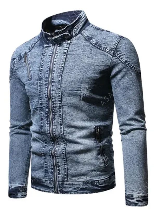 Mens Slim Fit Ice Blue Denim Zipper Jacket