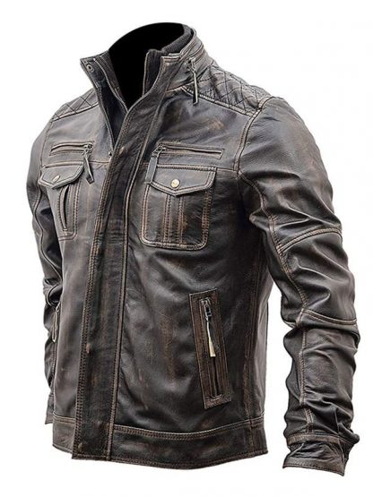 Mens Slim Fit Vintage Distressed Cafe Racer Jacket