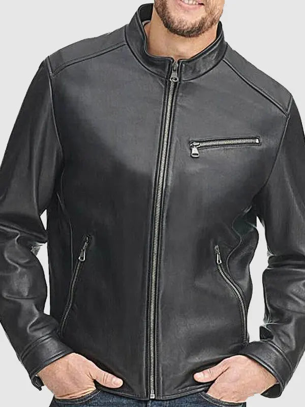 Men’s Stand-up Collar Black Zipper Leather Jacket