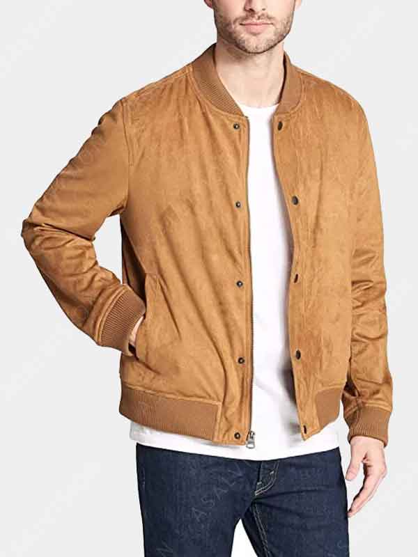 Mens Tan Brown Suede Leather Baseball Jacket