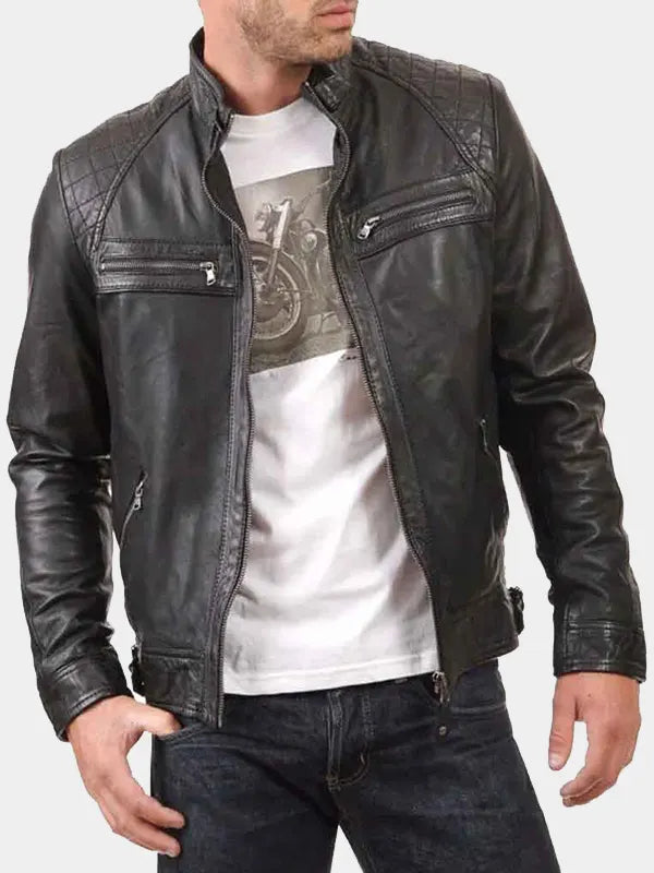 Mens Vintage Black Quilted Leather Cafe Racer Moto Jacket