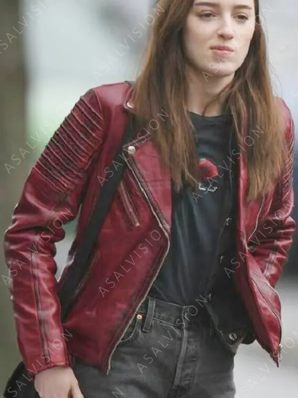 Movie 2023 Phoebe Dynevor Red Distressed Leather Jacket