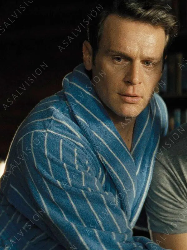 Movie Knock at the Cabin Jonathan Groff Blue Striped Bathrobe