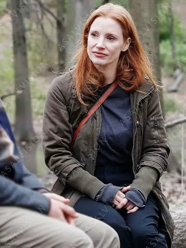 Movie Memory 2024 Jessica Chastain Olive Green Cotton Coat With Hood
