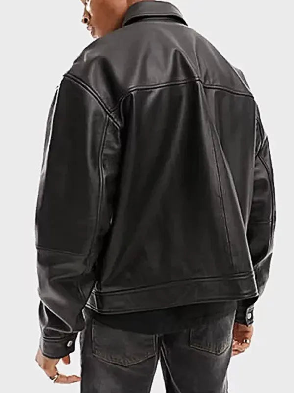 Oversized Black Leather Zipper Jacket For Men