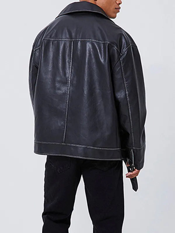 Oversized Black Moto Biker Leather Jacket For Men