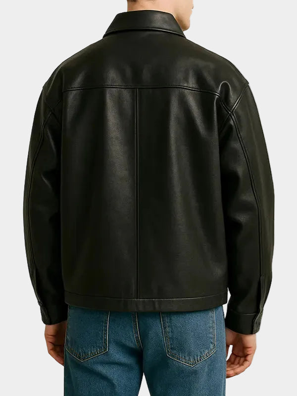 Oversized Black Zipper Leather Jacket