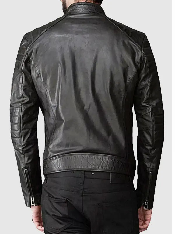 Padded Shoulders Style Black Leather Jacket For Mens